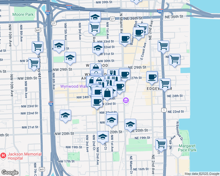 map of restaurants, bars, coffee shops, grocery stores, and more near in Miami