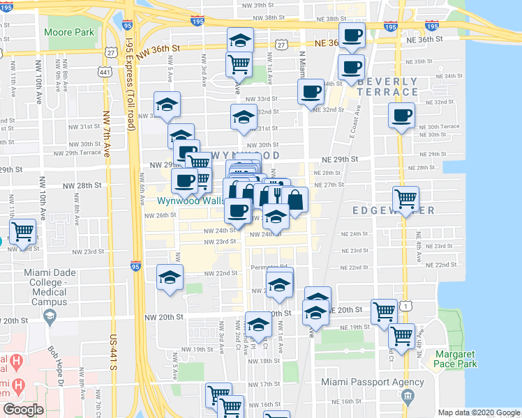 map of restaurants, bars, coffee shops, grocery stores, and more near 123 Northwest 26th Street in Miami