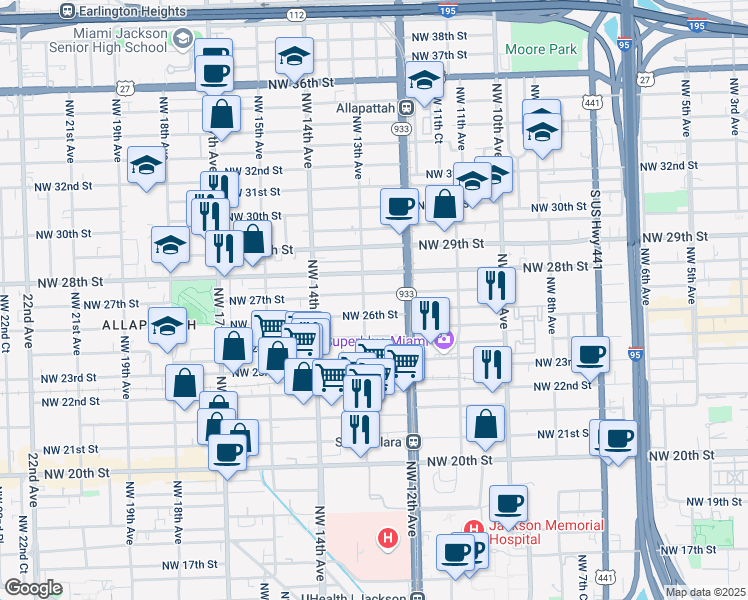 map of restaurants, bars, coffee shops, grocery stores, and more near 1290 Northwest 27th Street in Miami