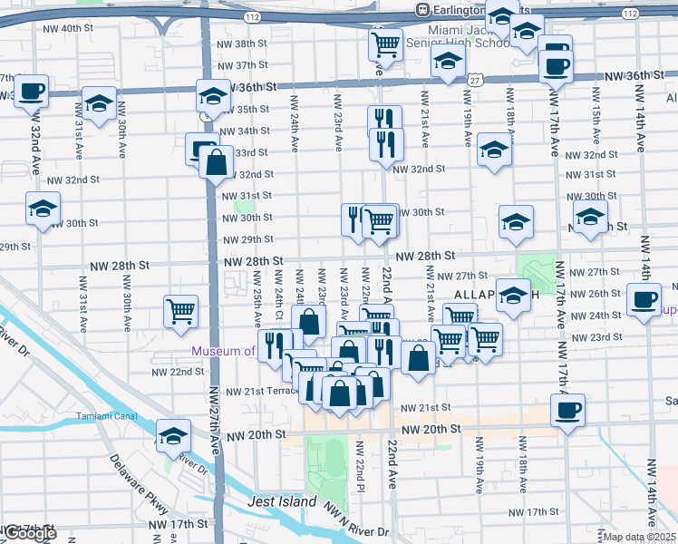 map of restaurants, bars, coffee shops, grocery stores, and more near 2731 Northwest 23rd Avenue in Miami