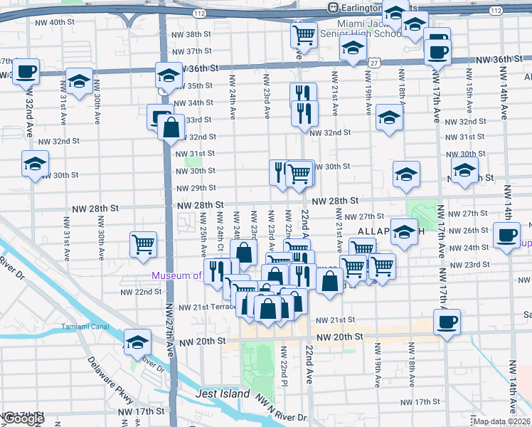 map of restaurants, bars, coffee shops, grocery stores, and more near 2731 Northwest 23rd Avenue in Miami