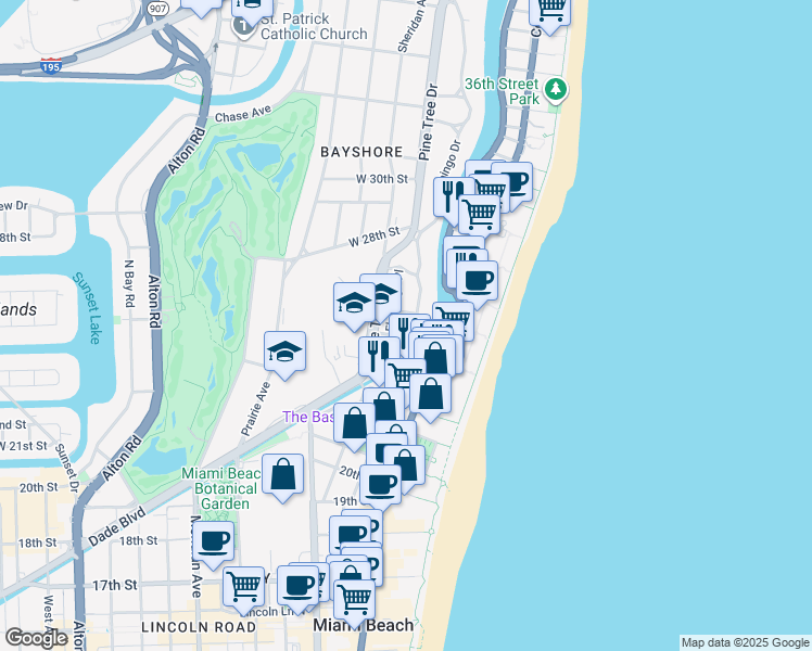map of restaurants, bars, coffee shops, grocery stores, and more near 320 West 25th Street in Miami Beach