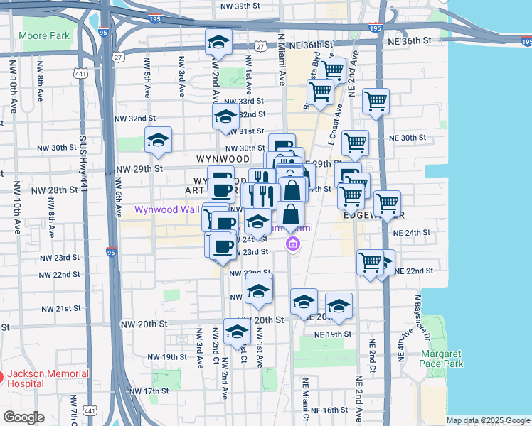 map of restaurants, bars, coffee shops, grocery stores, and more near 42 Northwest 26th Street in Miami