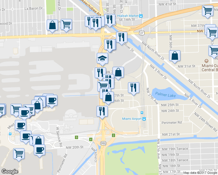 map of restaurants, bars, coffee shops, grocery stores, and more near 4115 Northwest 28th Street in Miami