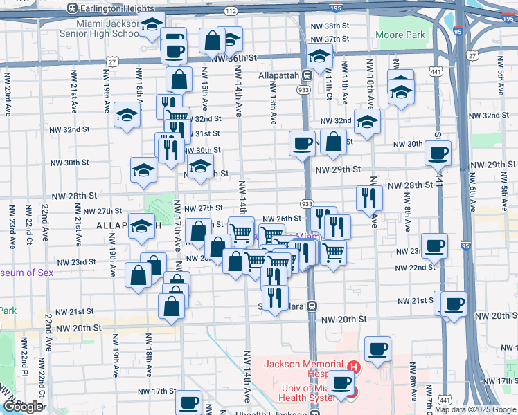 map of restaurants, bars, coffee shops, grocery stores, and more near 1354 Northwest 27th Street in Miami