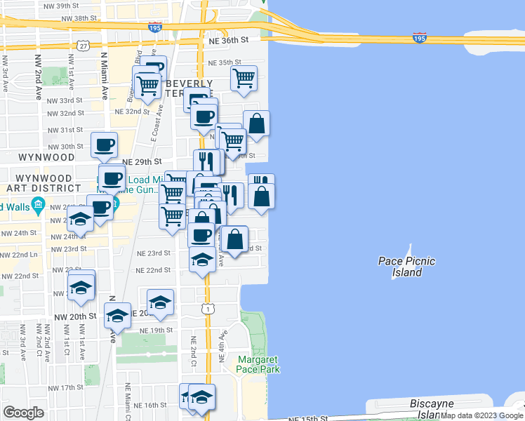 map of restaurants, bars, coffee shops, grocery stores, and more near 19380 Northeast 26th Street in Miami