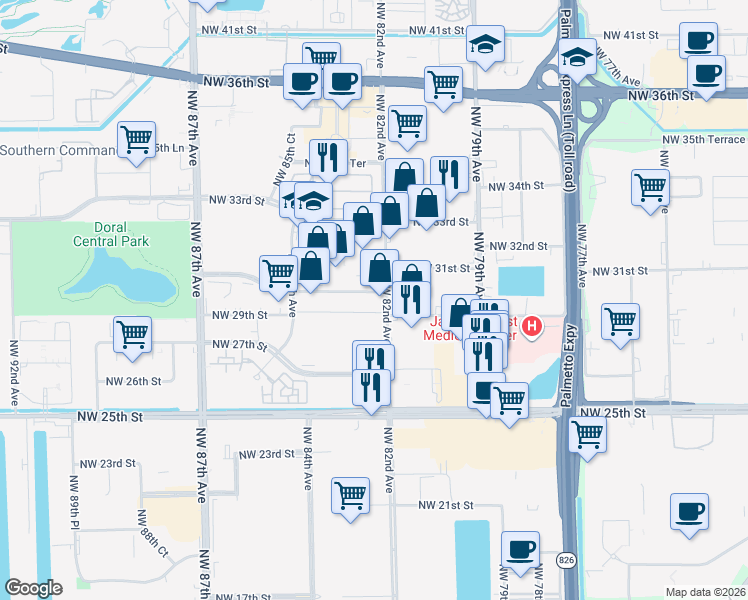 map of restaurants, bars, coffee shops, grocery stores, and more near 8212 Northwest 30th Terrace in Doral