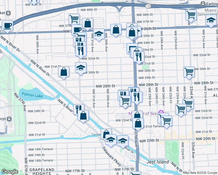 map of restaurants, bars, coffee shops, grocery stores, and more near 2990 Northwest 28th Street in Miami
