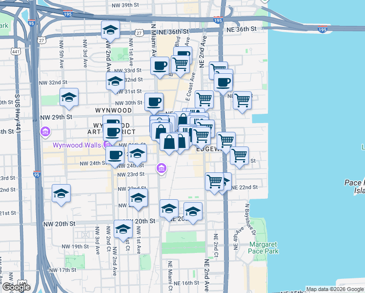 map of restaurants, bars, coffee shops, grocery stores, and more near 100 Northeast 26th Street in Miami