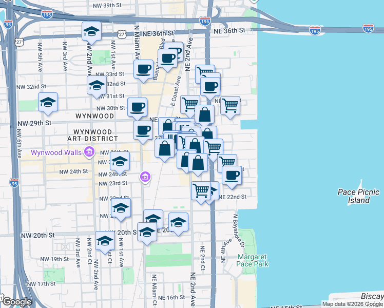 map of restaurants, bars, coffee shops, grocery stores, and more near in Miami