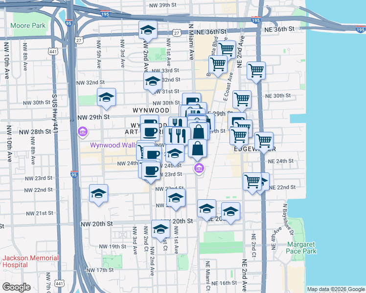 map of restaurants, bars, coffee shops, grocery stores, and more near 42 Northwest 26th Street in Miami