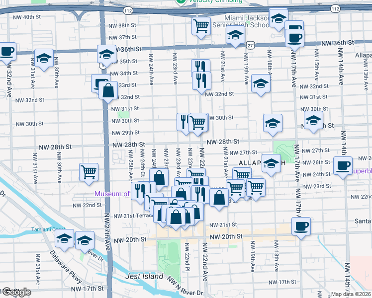 map of restaurants, bars, coffee shops, grocery stores, and more near 2731 Northwest 23rd Avenue in Miami