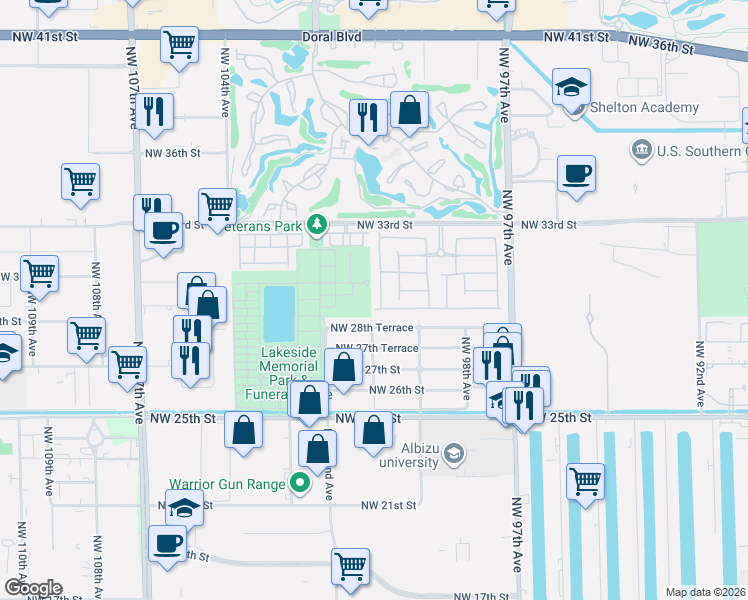 map of restaurants, bars, coffee shops, grocery stores, and more near 2932 Northwest 99th Place in Doral