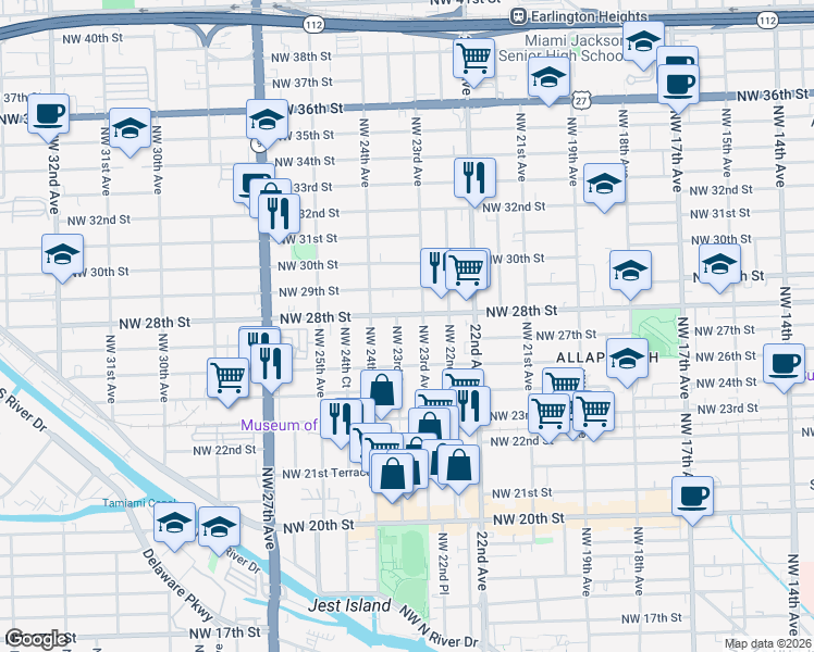 map of restaurants, bars, coffee shops, grocery stores, and more near 2730 Northwest 23rd Court in Miami