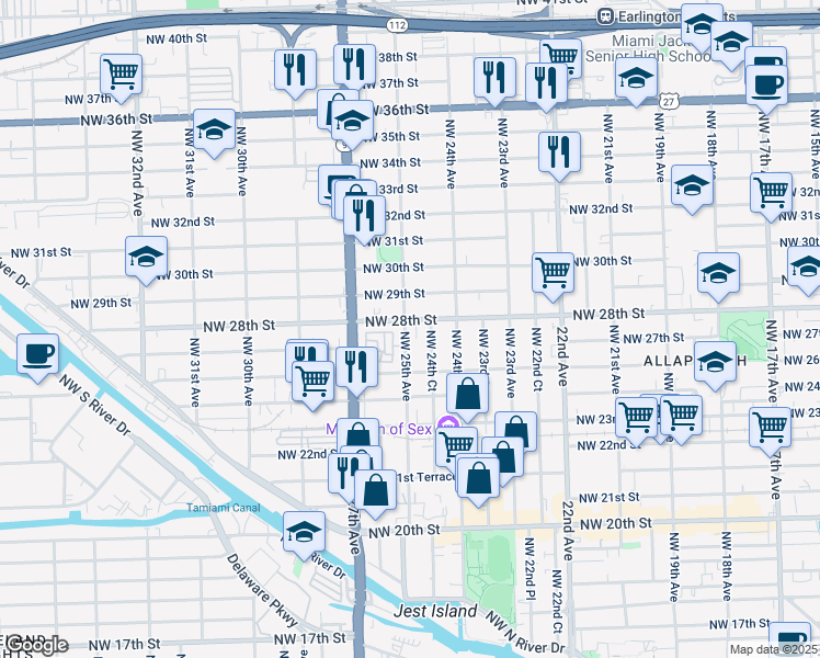 map of restaurants, bars, coffee shops, grocery stores, and more near 2725 Northwest 25th Avenue in Miami