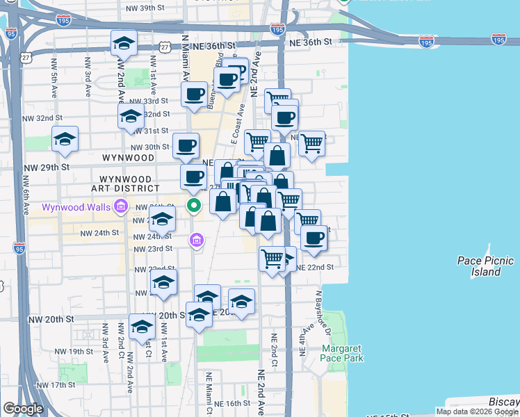 map of restaurants, bars, coffee shops, grocery stores, and more near in Miami