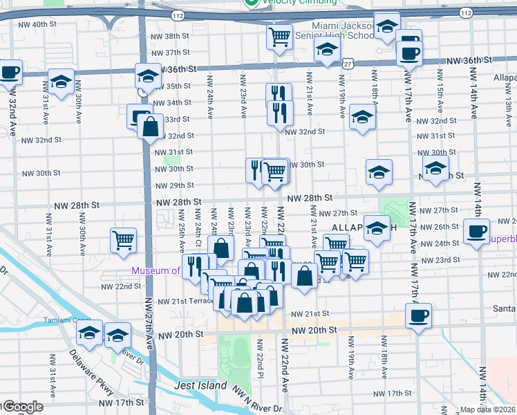 map of restaurants, bars, coffee shops, grocery stores, and more near 2731 Northwest 23rd Avenue in Miami