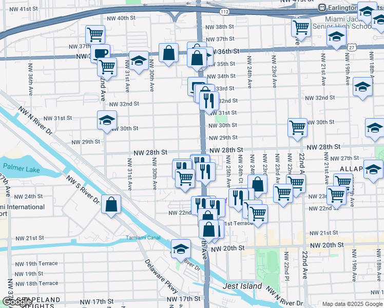 map of restaurants, bars, coffee shops, grocery stores, and more near 2738 Northwest 28th Street in Miami