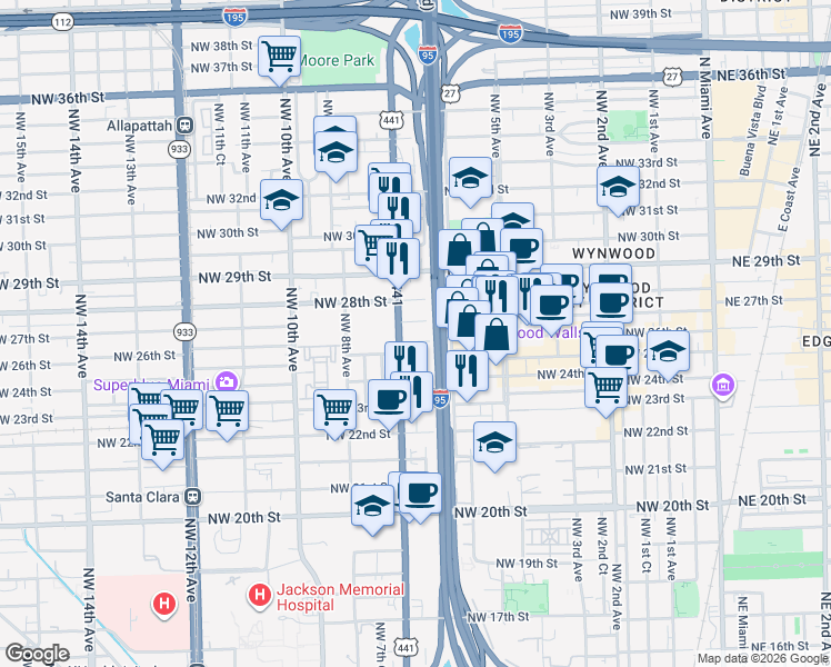 map of restaurants, bars, coffee shops, grocery stores, and more near 669 Northwest 26th Street in Miami