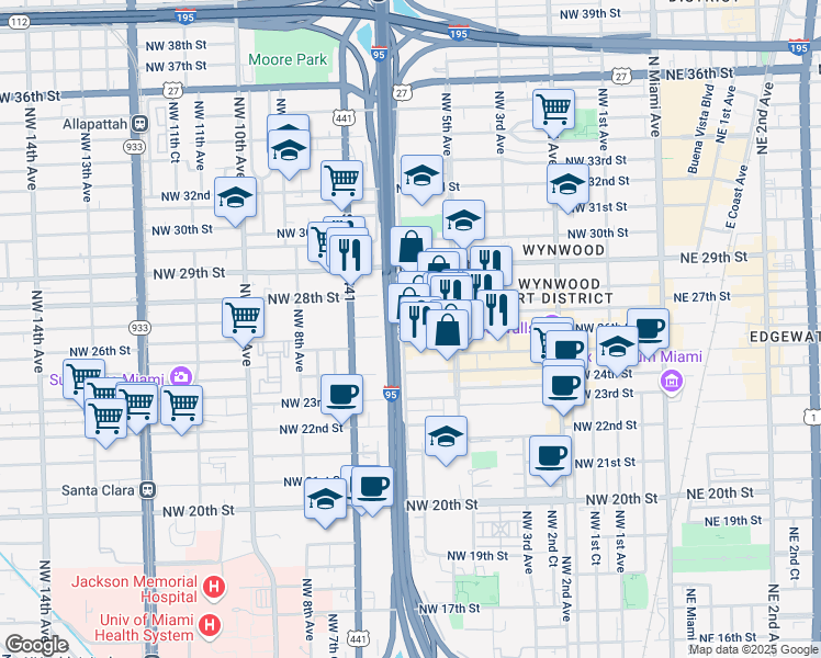 map of restaurants, bars, coffee shops, grocery stores, and more near 584 Northwest 27th Street in Miami