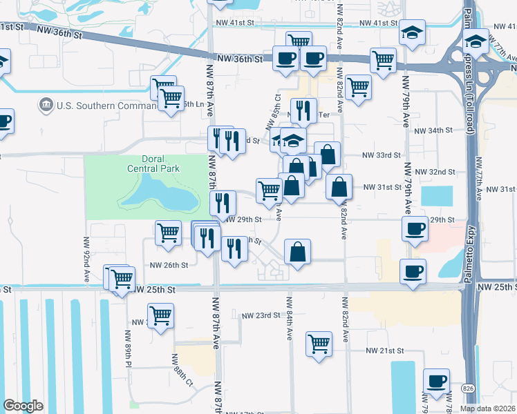 map of restaurants, bars, coffee shops, grocery stores, and more near 8470 Northwest 30th Terrace in Doral