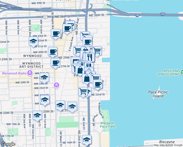 map of restaurants, bars, coffee shops, grocery stores, and more near 326 Northeast 26th Street in Miami