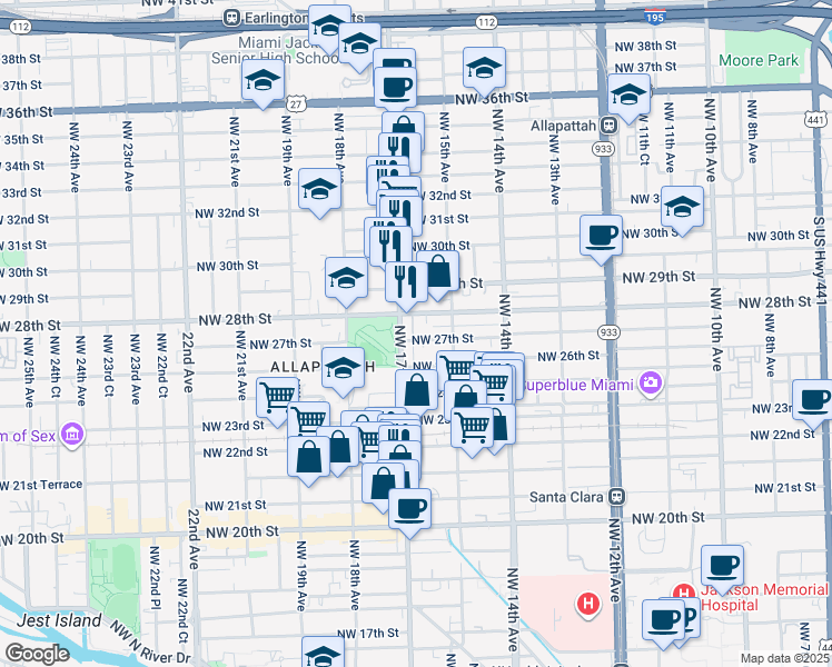 map of restaurants, bars, coffee shops, grocery stores, and more near 1619 Northwest 27th Street in Miami