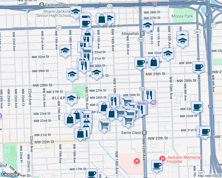 map of restaurants, bars, coffee shops, grocery stores, and more near 1425 Northwest 27th Street in Miami