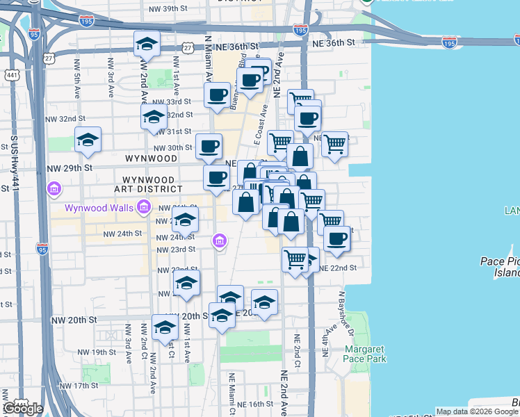 map of restaurants, bars, coffee shops, grocery stores, and more near in Miami