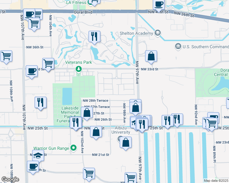 map of restaurants, bars, coffee shops, grocery stores, and more near 2917 Northwest 99th Avenue in Doral