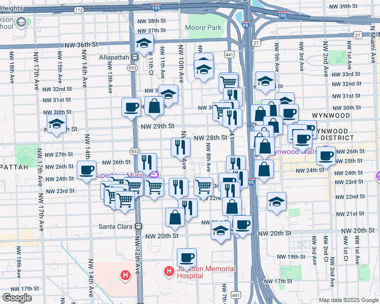 map of restaurants, bars, coffee shops, grocery stores, and more near 2615 Northwest 10th Avenue in Miami