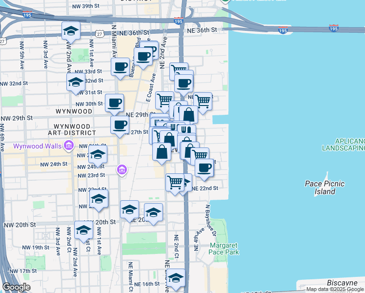 map of restaurants, bars, coffee shops, grocery stores, and more near 2590 Biscayne Boulevard in Miami