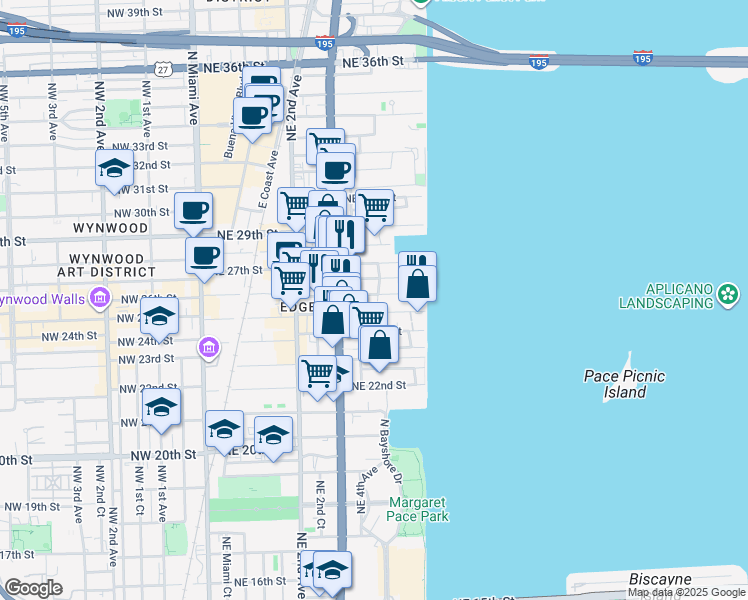 map of restaurants, bars, coffee shops, grocery stores, and more near 432 Northeast 26th Street in Miami