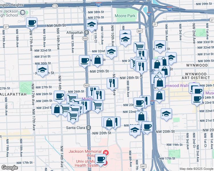 map of restaurants, bars, coffee shops, grocery stores, and more near 1058 Northwest 27th Street in Miami