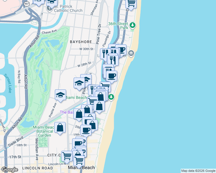 map of restaurants, bars, coffee shops, grocery stores, and more near in Miami Beach