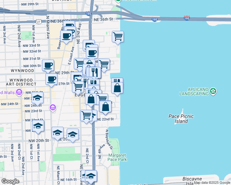 map of restaurants, bars, coffee shops, grocery stores, and more near 19380 Northeast 26th Street in Miami