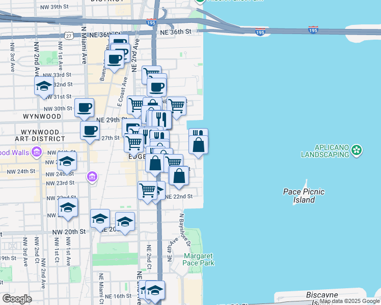 map of restaurants, bars, coffee shops, grocery stores, and more near 520 Northeast 26th Street in Miami
