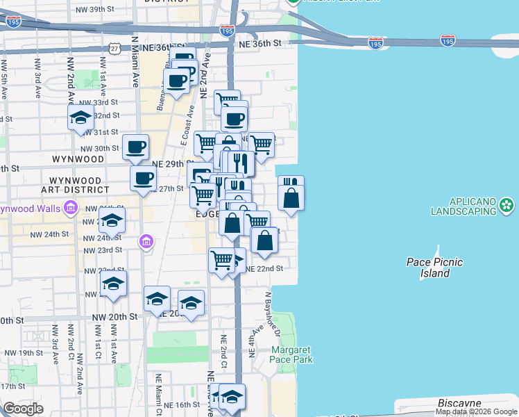 map of restaurants, bars, coffee shops, grocery stores, and more near 520 Northeast 26th Street in Miami