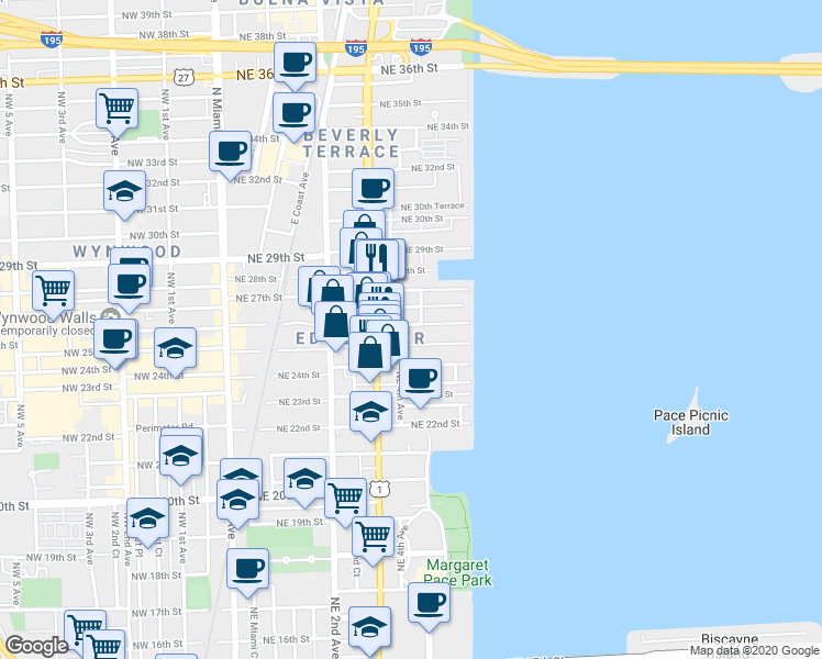 map of restaurants, bars, coffee shops, grocery stores, and more near 326 Northeast 26th Street in Miami