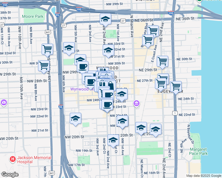 map of restaurants, bars, coffee shops, grocery stores, and more near 217 Northwest 25th Street in Miami
