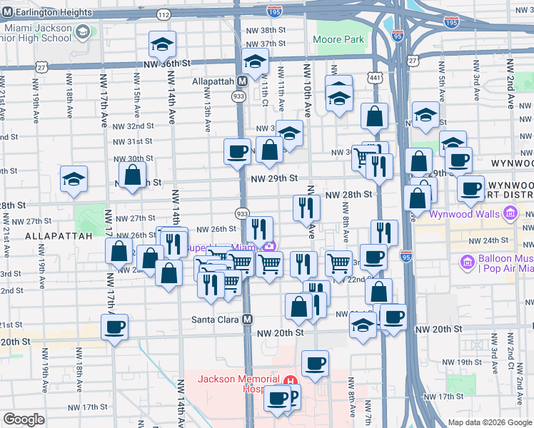map of restaurants, bars, coffee shops, grocery stores, and more near 1134 Northwest 27th Street in Miami