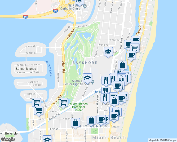 map of restaurants, bars, coffee shops, grocery stores, and more near 2388 Prairie Avenue in Miami Beach