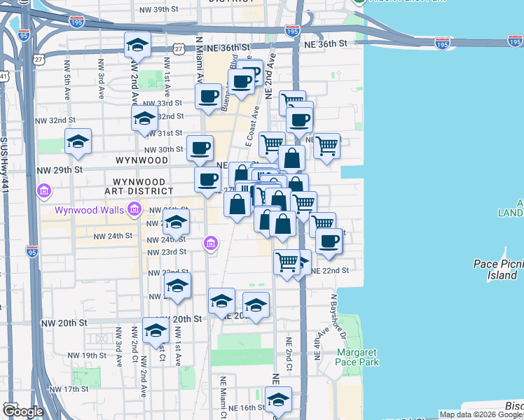 map of restaurants, bars, coffee shops, grocery stores, and more near in Miami
