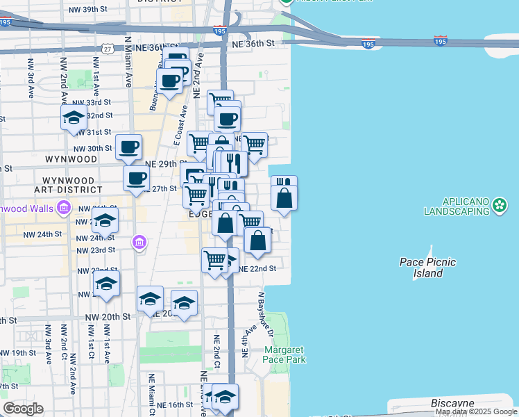map of restaurants, bars, coffee shops, grocery stores, and more near 520 Northeast 26th Street in Miami