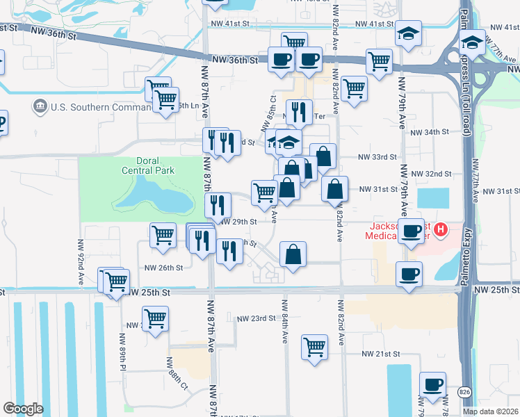 map of restaurants, bars, coffee shops, grocery stores, and more near 8470 Northwest 30th Terrace in Doral