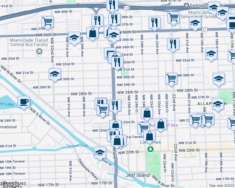 map of restaurants, bars, coffee shops, grocery stores, and more near 2650 Northwest 28th Street in Miami