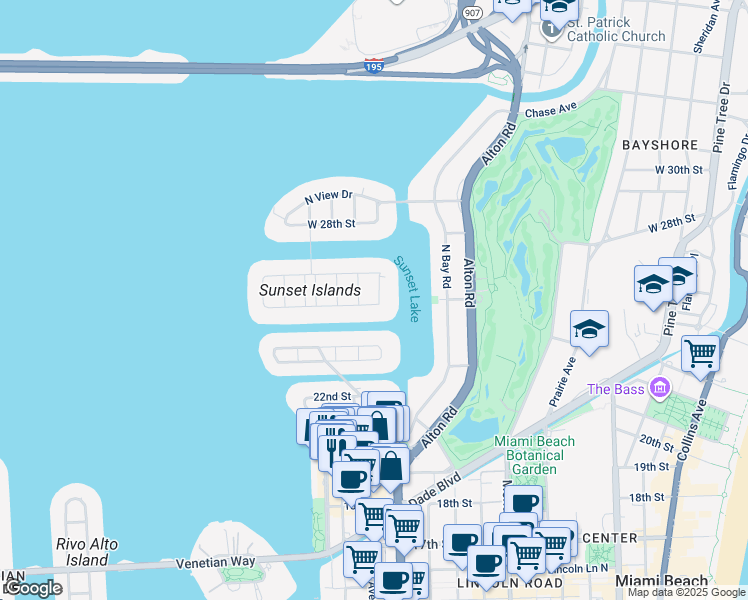 map of restaurants, bars, coffee shops, grocery stores, and more near 250 West 25th Street in Miami Beach
