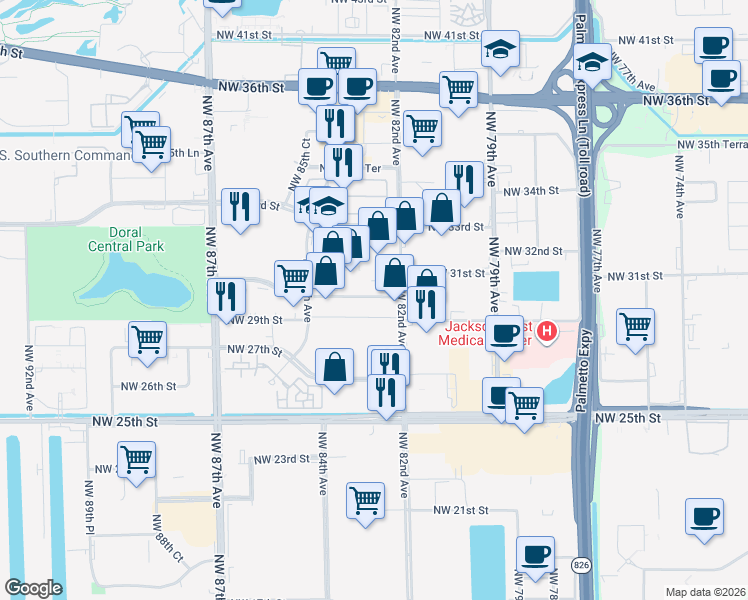 map of restaurants, bars, coffee shops, grocery stores, and more near 8232 Northwest 30th Terrace in Doral