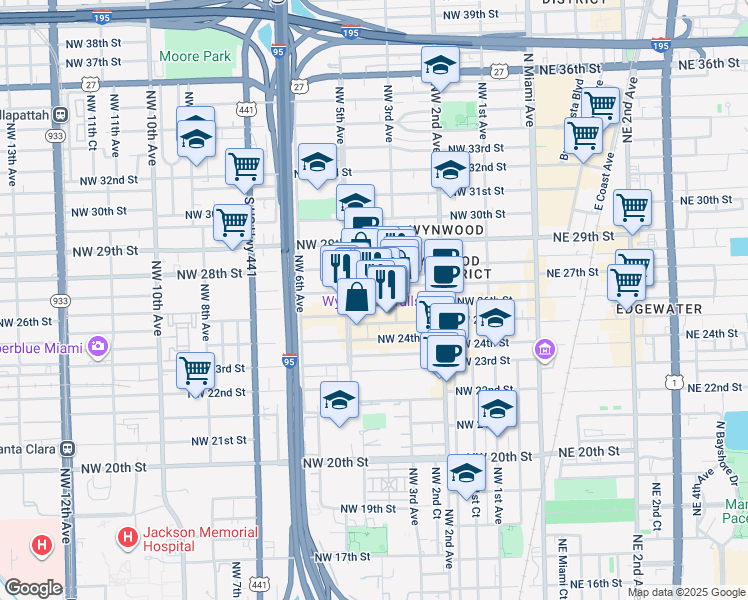 map of restaurants, bars, coffee shops, grocery stores, and more near 405 Northwest 26th Street in Miami