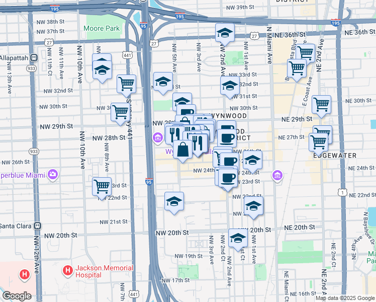 map of restaurants, bars, coffee shops, grocery stores, and more near 405 Northwest 26th Street in Miami